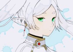 Rule 34 | 1girl, bluecrystal1104, commentary request, drop earrings, earrings, frieren, frown, green eyes, jewelry, long hair, looking at viewer, parted bangs, pointy ears, solo, sousou no frieren, twintails, white background, white hair