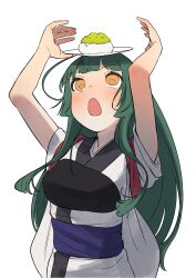 Rule 34 | 1girl, :o, absurdres, arms up, balancing on head, blush, commentary request, green hair, highres, hime cut, japanese clothes, kimono, kkkaaa4444, long hair, looking up, muneate, obi, open mouth, plate, sash, sidelocks, simple background, sleeves rolled up, solo, tasuki, touhoku zunko, voiceroid, white background, white kimono, yellow eyes, zunda mochi