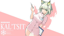 Rule 34 | 1girl, animal ear fluff, animal ears, aoi lavender, arknights, arm behind back, asymmetrical hair, breasts, character name, clipboard, closed mouth, collar, commentary request, cowboy shot, dress, dutch angle, english text, green eyes, green hair, hair ornament, hairclip, hand up, highres, holding, holding clipboard, holding syringe, id card, kal&#039;tsit (arknights), large breasts, looking at viewer, medical scrubs, medium hair, nurse, pink background, pink dress, shadow, short sleeves, skindentation, smile, solo, star (symbol), syringe, thighhighs, two-tone background, white background, white thighhighs