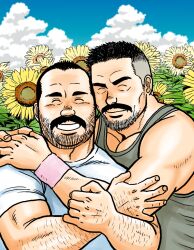 Rule 34 | 2boys, ^ ^, arm hair, banjyaku, bara, beard stubble, closed eyes, couple, facial hair, facing viewer, field, flower, flower field, green tank top, hand hair, happy, heads together, hug, long sideburns, male focus, mature male, multiple boys, muscular, muscular male, mustache, mutual hug, old, old man, original, pectoral cleavage, pectoral squeeze, pectorals, receding hairline, short hair, sideburns, sideburns stubble, stubble, sunflower, tank top, thick eyebrows, thick mustache, upper body, wrinkled skin, yaoi