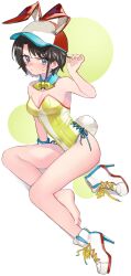 Rule 34 | 1girl, absurdres, adapted costume, animal ears, blue eyes, blush, boots, breasts, cleavage, detached collar, fake animal ears, fake tail, hat, high heel boots, high heels, highres, hololive, isuka, leotard, looking at viewer, medium breasts, oozora subaru, oozora subaru (1st costume), rabbit ears, rabbit tail, short hair, side-tie leotard, solo, strapless, strapless leotard, sweat, swept bangs, tail, virtual youtuber