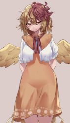 Rule 34 | 1girl, absurdres, animal, animal on head, arms behind back, bird, bird on head, bird tail, bird wings, blonde hair, breasts, capelet, chick, commentary request, cowboy shot, dress, feathered wings, hair between eyes, highres, looking at viewer, medium breasts, medium hair, multicolored hair, muraryo, navel, niwatari kutaka, on head, orange dress, orange eyes, puffy short sleeves, puffy sleeves, red hair, red neckwear, short sleeves, simple background, skindentation, solo, tail, touhou, two-tone hair, wings, yellow wings