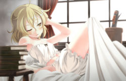 Rule 34 | 1girl, ahoge, bed, bed sheet, blonde hair, bloomers, book, book stack, camisole, child, curtains, kirisame marisa, lying, messy hair, mukai, navel, on bed, one eye closed, solo, strap slip, touhou, underwear, underwear only, white bloomers, window, wink, yellow eyes