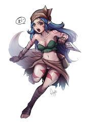 Rule 34 | 1girl, ankle wrap, artist name, bad deviantart id, bad id, bag, bandana, bare shoulders, barefoot, beads, blue hair, blush, bra, breasts, cleavage, dagger, dual wielding, elf, facial mark, feet, fingerless gloves, full body, gloves, highres, holding, holding weapon, jewelry, knife, kunai, long hair, magion02, medium breasts, necklace, open mouth, original, panties, pantyshot, pointy ears, red eyes, reverse grip, sarong, satchel, signature, simple background, skirt, solo, speech bubble, standing, strapless, tail, tattoo, teeth, toeless legwear, tube top, underwear, upskirt, weapon, white background, white panties, wrist wrap