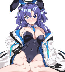 Rule 34 | 1girl, animal ears, arm support, bare shoulders, black gloves, black leotard, blue archive, blue eyes, blue hair, blue necktie, breasts, cameltoe, cleavage, cleft of venus, closed mouth, coat, covered navel, cowboy shot, detached collar, fake animal ears, gloves, half gloves, halo, jacket, leotard, light blush, long hair, long sleeves, looking at viewer, medium breasts, mitche, multicolored clothes, multicolored jacket, necktie, off shoulder, parted bangs, playboy bunny, rabbit ears, sidelocks, simple background, sitting, solo, thighs, two-tone jacket, two side up, wariza, white background, white coat, white jacket, yuuka (blue archive)