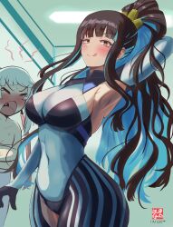 Rule 34 | 2girls, absurdres, armpit cutout, black bodysuit, black hair, blue hair, blush, bodysuit, breasts, closed eyes, clothing cutout, colored inner hair, covered navel, eyeliner, fate/grand order, fate/samurai remnant, fate (series), grey eyes, highres, iron samurai, large breasts, licking lips, long hair, looking at viewer, makeup, multicolored hair, multiple girls, open mouth, ponytail, sidelocks, smile, tenochtitlan (fate), tenochtitlan (third ascension) (fate), thigh cutout, tongue, tongue out, two-tone bodysuit, white bodysuit, white hair, yui shousetsu (fate), yui shousetsu (first ascension) (fate)