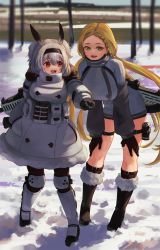 Rule 34 | 2girls, alvis (last origin), animal ears, black footwear, black gloves, black hairband, blonde hair, boots, braid, braided bangs, breasts, coat, commentary, day, english commentary, fur-trimmed boots, fur trim, gloves, green eyes, grey coat, gun, hair between eyes, hairband, hands on own knees, highres, large breasts, last origin, leaning forward, long hair, long sleeves, multiple girls, nyanom, nymph (last origin), open mouth, outdoors, pointing, red eyes, short hair, snow, standing, thigh strap, very long hair, weapon, weapon on back