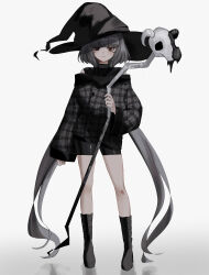 Rule 34 | 1girl, absurdres, bike shorts, black footwear, black shirt, blunt bangs, boots, closed mouth, full body, grey hair, hat, highres, holding, holding staff, large hat, long hair, long sleeves, looking at viewer, original, plaid, plaid shirt, red eyes, reflective floor, shirt, shou (mori boro), skull, sleeves past wrists, staff, standing, straight-on, twintails, very long hair, white background, witch, witch hat