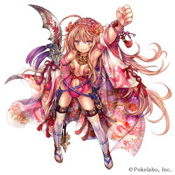 Rule 34 | 1girl, ahoge, arm up, breasts, brown hair, cleavage, clenched hand, company name, dress, floral print, flower, full body, hair between eyes, hair flower, hair ornament, hand on own hip, headdress, holding, holding weapon, jewelry, long hair, looking at viewer, madogawa, navel, necklace, official art, polearm, purple eyes, ribbon, rope, sengoku gensoukyoku, simple background, smile, solo, spear, tassel, thighhighs, weapon, white background, white thighhighs, wide sleeves