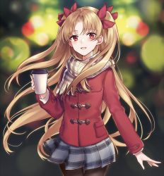 Rule 34 | 1girl, :d, blonde hair, blue skirt, blurry, blurry background, blush, bow, brown pantyhose, coat, coffee cup, commentary request, cup, depth of field, disposable cup, duffel coat, ereshkigal (fate), fate/grand order, fate (series), fringe trim, hair between eyes, hair bow, head tilt, holding, holding cup, long hair, long sleeves, looking at viewer, open mouth, pantyhose, parted bangs, plaid, plaid scarf, plaid skirt, pleated skirt, red bow, red coat, red eyes, scarf, shiao, skirt, smile, solo, two side up, very long hair, white scarf