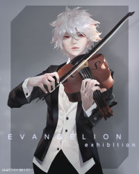 Rule 34 | 1boy, copyright name, english text, fingernails, formal, grandia lee, hair between eyes, highres, holding, holding instrument, holding violin, instrument, male focus, music, nagisa kaworu, neon genesis evangelion, parted lips, playing instrument, red eyes, signature, solo, suit, violin, white hair