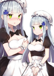 Rule 34 | 1girl, absurdres, alternate costume, blunt bangs, breasts, cleavage, cleavage cutout, clothing cutout, embarrassed, enmaided, girls&#039; frontline, green eyes, hat, highres, hk416 (girls&#039; frontline), jksh5056, long hair, looking at viewer, maid, medium breasts, mob cap, multiple views, own hands together, silver hair, simple background, very long hair, white background, white hat