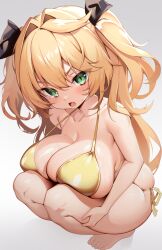 Rule 34 | 1girl, bare arms, bare legs, bare shoulders, barefoot, bikini, blonde hair, blush, borrowed character, breasts, cleavage, fang, full body, green eyes, grey background, hair intakes, hair ribbon, highres, huge breasts, kaptivate, long hair, looking at viewer, original, ribbon, side-tie bikini bottom, simple background, solo, squatting, sweat, swimsuit, yellow bikini