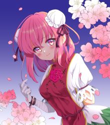 Rule 34 | 1girl, arm behind back, bandaged arm, bandages, blue background, blush, breasts, bun cover, cherry blossoms, commentary request, cuffs, double bun, flower, gradient background, hair bun, hand up, highres, ibaraki kasen, light smile, looking at viewer, medium breasts, petals, pink eyes, pink flower, pink hair, pink rose, puffy short sleeves, puffy sleeves, rose, shirt, short hair, short sleeves, shouko (airen), simple background, skirt, solo, tabard, touhou, upper body