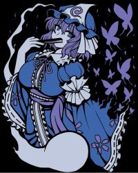 Rule 34 | 1girl, blue dress, blue eyes, blue theme, breasts, bug, butterfly, cherry blossoms, covered mouth, dress, frilled dress, frills, ghost, hand fan, hat, insect, large breasts, long sleeves, looking at viewer, macaroni and cheese (artist), mob cap, purple hair, ribbon, saigyouji yuyuko, solo, torn clothes, touhou