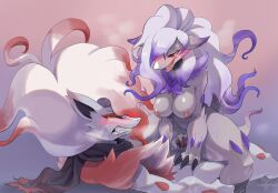 Rule 34 | 1boy, 1girl, alternate color, animal ears, animal hands, animal penis, artist name, big hair, black scarf, blush, body fur, breasts, breath, claws, clenched teeth, clothed pokemon, colored sclera, completely nude, creatures (company), cum, cum in pussy, ears down, erection, eye contact, fangs, furrowed brow, furry, furry female, furry male, furry with furry, game freak, girl on top, gradient background, gradient hair, grey fur, grey hair, hair over one eye, happy, happy sex, hetero, highres, hisuian zoroark, knotted penis, large breasts, long hair, looking at another, lying, multicolored hair, neck fur, nintendo, nipples, nose blush, nude, on back, one eye covered, open mouth, penis, pokemon, pokemon (creature), purple fur, purple hair, red background, red eyes, red fur, red hair, scarf, sex, shiny and normal, shiny pokemon, shiny skin, simple background, smile, snout, spread legs, straddling, sweat, teeth, tenebscuro, thick thighs, thighs, torn clothes, torn scarf, two-tone fur, two-tone hair, uncensored, vaginal, watermark, white hair, wolf boy, wolf ears, wolf girl, yellow sclera