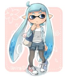 Rule 34 | 1girl, aqua hair, black pantyhose, blue eyes, blue jacket, blue shorts, casual, commentary request, cross-laced footwear, english text, full body, gurumin (gurruguru), inkling, inkling girl, inkling player character, jacket, lace-trimmed shorts, lace trim, long hair, mask, multicolored footwear, nintendo, open clothes, open jacket, pantyhose, pantyhose under shorts, parted lips, pointy ears, red footwear, shirt, shoes, shorts, sneakers, solo, standing, striped clothes, striped shirt, tentacle hair, white shirt