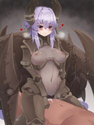 Rule 34 | 1boy, 1girl, arthropod girl, blush, breasts, breasts apart, carapace, commentary request, commission, emotionless sex, girl on top, heart, hetero, highres, horns, medium breasts, monster girl, monster girl encyclopedia, navel, nipples, purple eyes, purple hair, see-through, sex, short hair with long locks, simple background, skeb commission, soldier beetle, solo focus, taur, white background, yonaga san