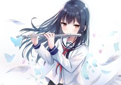 Rule 34 | 1girl, animal, black hair, black skirt, brown hair, bug, butterfly, commentary, english commentary, floating hair, flute, gradient background, grey background, hands up, holding, holding instrument, insect, instrument, long hair, long sleeves, music, neckerchief, original, playing instrument, red neckerchief, sailor collar, school uniform, serafuku, shirt, skirt, solo, touhourh, very long hair, white background, white sailor collar, white shirt