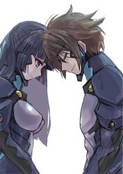 1boy 1girl armored_bodysuit blue_bodysuit blue_eyes blue_hair bodysuit breasts brown_hair couple fortified_suit highres hime_cut impossible_bodysuit impossible_clothes jun_(rellik_&amp;_redrum) long_hair mecha_pilot_suit medium_breasts muv-luv muv-luv_unlimited:_the_day_after pilot_suit sendou_yuzuka short_hair skin_tight smile tatsunami_hibiki