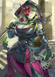 Rule 34 | 1girl, blonde hair, breasts, cleavage, colored tips, dagger, detached sleeves, diabellstar the black witch, dress, duel monster, gloves, green eyes, green hair, half mask, holding, holding dagger, holding knife, holding weapon, hood, hood up, kazo (kazozakazo), knife, large breasts, mask, medium hair, multicolored hair, outdoors, overgrown, pale skin, red mask, single detached sleeve, single glove, single sleeve, solo, weapon, yu-gi-oh!