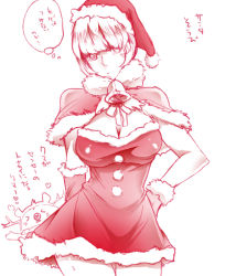 Rule 34 | &gt; &lt;, 1girl, antlers, atlus, bell, breasts, capelet, christmas, cleavage, closed eyes, dress, elbow gloves, gender request, genderswap, gloves, hand on own hip, hat, horns, kuma (persona 4), large breasts, monochrome, morimement, narukami yuu, persona, persona 4, reindeer antlers, santa costume, santa hat, short dress, short hair, thought bubble