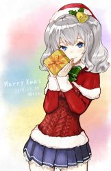 Rule 34 | 10s, 1girl, 2015, aran sweater, ashiya hiro, bell, blue eyes, box, cable knit, capelet, dated, fur trim, gift, gift box, hair bell, hair ornament, hat, holding, holding gift, kantai collection, kashima (kancolle), looking at viewer, merry christmas, pleated skirt, santa hat, short twintails, silver hair, skirt, smile, solo, sweater, twintails, wavy hair