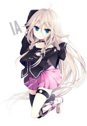 Rule 34 | 1girl, ahoge, bad id, bad pixiv id, blonde hair, blue eyes, boots, braid, full body, ia (vocaloid), long hair, looking at viewer, naan, pink hair, simple background, single thighhigh, skirt, smile, solo, thighhighs, twin braids, vocaloid