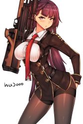 Rule 34 | 1girl, absurdres, bad id, bad pixiv id, black gloves, black pantyhose, blush, breasts, brown hair, bullpup, character name, clyde s, collared shirt, girls&#039; frontline, gloves, gun, hair ribbon, hand on own ass, head tilt, highres, holding, holding gun, holding weapon, large breasts, leaning, long hair, looking at viewer, necktie, one side up, open mouth, pantyhose, purple hair, red eyes, ribbon, rifle, shirt, side ponytail, simple background, sniper rifle, solo, strap, striped clothes, striped shirt, thighband pantyhose, trigger discipline, tsundere, very long hair, wa2000 (girls&#039; frontline), walther, walther wa 2000, weapon