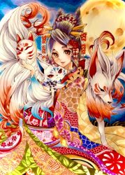 Rule 34 | 1girl, :3, animal, black eyes, black hair, blue sky, blush, closed mouth, cone hair bun, female focus, flower, fox, fox mask, full moon, gradient hair, hair bun, hair flower, hair ornament, hair stick, half-closed eyes, hands up, happy, highres, holding, holding animal, holding mask, japanese clothes, kimono, kouhaku nawa, light blush, long sleeves, looking at viewer, mask, mofu (moffuri sippo), moon, multicolored clothes, multicolored hair, multicolored kimono, night, open mouth, original, outdoors, parted bangs, red eyes, red flower, red hair, red rose, rope, rose, shimenawa, short hair, sidelocks, sky, smile, solo, traditional media, two-tone hair, white hair, wide sleeves, yellow eyes