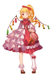 Rule 34 | 1girl, alternate costume, asymmetrical clothes, asymmetrical legwear, bad id, bad pixiv id, blonde hair, bow, candy, flandre scarlet, food, full body, hair bow, long hair, long sleeves, looking at viewer, mary janes, mio-muo1206, one eye closed, red eyes, ribbon, shoes, side ponytail, simple background, smile, solo, touhou, uneven legwear, white background, white legwear, wings, wink