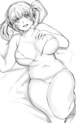 Rule 34 | 1girl, bikini, blush, breasts, breasts apart, cleavage, front-tie bikini top, front-tie top, greyscale, headphones, highres, huge breasts, inu (driftchickendog), large breasts, long hair, looking at viewer, lying, monochrome, navel, nipple slip, nipples, nitroplus, on back, plump, sketch, solo, super pochaco, swimsuit, twintails, untied bikini