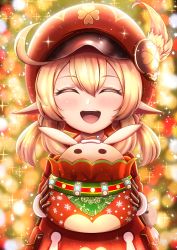 Rule 34 | 1girl, absurdres, ahoge, aura, blonde hair, blurry, blurry background, blush, christmas, christmas lights, closed eyes, dead angels, dress, genshin impact, gloves, hair between eyes, hat, hat feather, highres, holding, klee (genshin impact), looking at viewer, open mouth, pointy ears, red dress, red headwear, santa hat, smile, snowflakes, star (symbol)