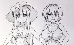 Rule 34 | 2girls, abridged-satoko, alternate breast size, breasts, cleavage, covered navel, furude rika, hands on own hips, hat, higurashi no naku koro ni, houjou satoko, large breasts, long hair, looking at viewer, monochrome, multiple girls, one-piece swimsuit, open mouth, school swimsuit, short hair, smile, swimsuit