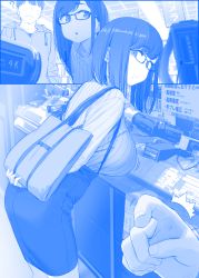 Rule 34 | 1boy, 1girl, ?, ^^^, bag, blue theme, breasts, camcorder, commentary, commentary request, electronics store, faceless, faceless male, getsuyoubi no tawawa, glasses, handbag, highres, himura kiseki, hokuro-chan (tawawa), large breasts, mole, mole under mouth, ribbed shirt, shirt, short hair, skirt, smile, surprised, sweat, translated, video camera