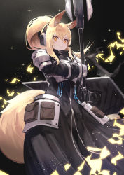 Rule 34 | animal ear fluff, animal ears, arknights, armor, armored dress, bannouyakunta, blonde hair, highres, holding, holding weapon, horse ears, horse girl, horse tail, long hair, looking at viewer, nearl (arknights), ponytail, shield, smile, solo, sword, tail, weapon