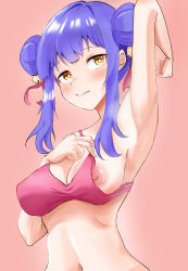 Rule 34 | 1girl, absurdres, armpits, bell, blue hair, blush, bra, breasts, closed mouth, hair bell, hair ornament, highres, jashin-chan dropkick, kyon-kyon (jashin-chan dropkick), large breasts, looking at viewer, nipples, pink background, pink bra, simple background, solo, underwear, yellow eyes