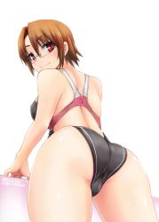 Rule 34 | 1girl, ass, bare shoulders, breasts, brown hair, cameltoe, competition swimsuit, glasses, highres, looking at viewer, looking back, one-piece swimsuit, original, red eyes, short hair, signature, simple background, smile, solo, swimsuit, thighs, tokihama jirou, toraichi kyouko, trefoil, white background
