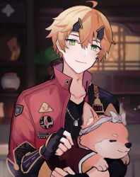 Rule 34 | 1boy, absurdres, ahoge, animal, black gloves, black shirt, blurry, blurry background, closed mouth, collarbone, commentary, dog, fingerless gloves, genshin impact, gloves, green eyes, highres, holding, holding animal, holding dog, indoors, jacket, jewelry, light particles, long sleeves, male focus, necklace, orange eyes, red jacket, rippajun, shirt, smile, solo, sparkle, symbol-only commentary, taroumaru (genshin impact), thoma (genshin impact), upper body