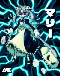 Rule 34 | 1girl, absurdres, black nails, bloody marie (skullgirls), character name, dress, dust, energy, fire, frilled dress, frills, grey background, grey hair, highres, looking to the side, maid headdress, mary janes, meguman, pantyhose, red eyes, shoes, skull, skullgirls, solo, twintails, vacuum cleaner
