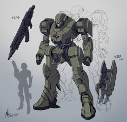 Rule 34 | arms at sides, assault rifle, blue eyes, blueprint (medium), clenched hands, commentary request, dated, full body, grey background, gun, highres, homare (fool&#039;s art), mecha, one-eyed, original, rifle, robot, science fiction, signature, silhouette, simple background, size comparison, standing, translation request, weapon