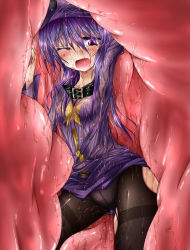 Rule 34 | 1girl, atlus, black pantyhose, blush, crotch seam, digesting girl, digestion, dissolving clothes, etrian odyssey, imminent death, inside creature, long hair, nipples, open mouth, panties, panties under pantyhose, pantyhose, purple eyes, purple hair, see-through, sekaiju no meikyuu, sekaiju no meikyuu 3, shimo (depthbomb), slime (substance), solo, star (symbol), tears, thighband pantyhose, torn clothes, torn pantyhose, underwear, vore, wet, wince, zodiac (sekaiju)