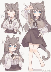 Rule 34 | 1girl, absurdres, animal ear fluff, animal ears, barefoot, black ribbon, black skirt, blue eyes, cat ears, cat tail, closed eyes, colon br, cup, grey background, hair ornament, hand on own hip, highres, holding, holding cup, long hair, long sleeves, looking at viewer, multiple views, open mouth, original, ribbon, signature, simple background, skirt, tail