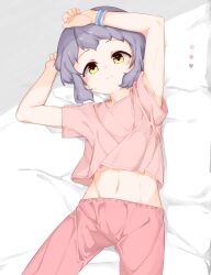 Rule 34 | 1girl, arms up, bed sheet, expressionless, flat chest, from above, highres, idolmaster, idolmaster million live!, light blush, looking at viewer, lying, makabe mizuki, navel, on bed, pants, pink pants, pink shirt, purple hair, shirt, short hair, short sleeves, sidelocks, solo, stomach, sunfromwest, sweat, wavy hair, wristband, yellow eyes