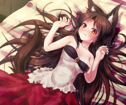 Rule 34 | 1girl, animal ears, bare arms, bare shoulders, blush, breasts, brooch, brown eyes, brown hair, cleavage, collarbone, fang, imaizumi kagerou, jewelry, long hair, lying, on back, shirt, skirt, solo, strapless, tail, touhou, very long hair, volcano (liao), werewolf, wolf ears, wolf tail
