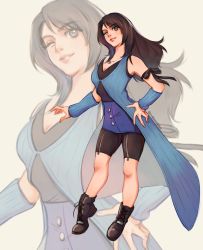 Rule 34 | 1girl, arm ribbon, arm warmers, bare shoulders, black footwear, black hair, black ribbon, black shorts, blue cardigan, boots, breasts, brown eyes, brown hair, cardigan, cleavage, cross-laced footwear, final fantasy, final fantasy viii, full body, hand on own hip, highres, jewelry, lace-up boots, long hair, medium breasts, multicolored hair, necklace, one eye closed, ribbon, rinoa heartilly, shorts, smile, standing, streaked hair, thar chandran