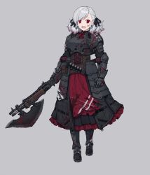 Rule 34 | 12-gauge, 12-gauge (2 3/4 inch shell), 1girl, absurdres, ammunition, armor, blood, blood on clothes, blood on face, bloody weapon, combat shotgun, crazy eyes, darkest dungeon, dual-mode shotgun, girls&#039; frontline, grey background, grey hair, gun, high brass, highres, looking at viewer, name connection, official alternate costume, open mouth, overpressure ammunition, plate armor, pump-action shotgun, pump action, red eyes, semi-automatic firearm, semi-automatic shotgun, shotgun, shotgun shell, solo, spas-12, spas-12 (girls&#039; frontline), spas-12 (goblin huntress) (girls&#039; frontline), terras, twintails, weapon