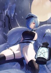 Rule 34 | 1girl, absurdres, azur lane, bandage over one eye, black footwear, blue hair, boots, breasts, closed mouth, coat, collared leotard, commentary request, cowboy shot, elbow gloves, framed breasts, fur-trimmed coat, fur trim, gloves, hair between eyes, hair over one eye, hat, highres, holding, holding lantern, kuybyshev (azur lane), lantern, large breasts, leotard, long sleeves, partial commentary, peaked cap, red eyes, short hair, sideboob, sidelocks, solo, squatting, tako-san wiener (takosanuma), thigh boots, thighhighs, thighs, white coat, white gloves, white leotard, zettai ryouiki