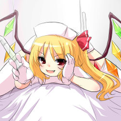 Rule 34 | 1girl, bad id, bad pixiv id, blonde hair, blush, cosplay, fang, female focus, flandre scarlet, girl on top, gloves, hair ribbon, hat, head rest, highres, hikataso, nurse, nurse cap, open mouth, pov, red eyes, ribbon, short hair, side ponytail, sketch, smile, solo, spread legs, syringe, thighhighs, touhou, white gloves, white thighhighs, wings
