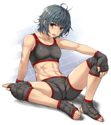 Rule 34 | 1girl, abs, arm support, bad id, bad pixiv id, bare shoulders, barefoot, bike shorts, black hair, blue hair, blush, breasts, brown eyes, collarbone, crotch, face, feet, female focus, fingerless gloves, full body, gloves, hand on own knee, highres, midriff, muscular, navel, open mouth, original, pirano, short hair, shorts, simple background, sitting, smile, solo, sports bra, sweat, toeless legwear, toes